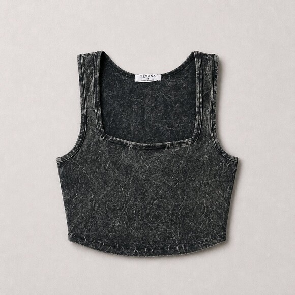 Zenana Tops - Zenana Acid Wash Cropped Tank Top Medium Black Square Neck